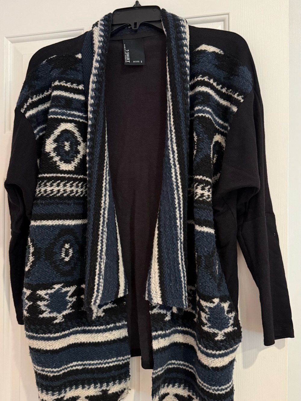 Anthropologie: Tribal Knit Open Cardigan in Black, Navy & Cream